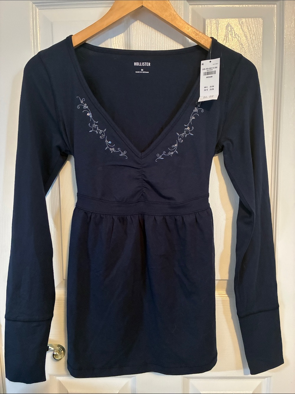 Hollister Navy Long-Sleeve V-Neck with Embroidered Detail
